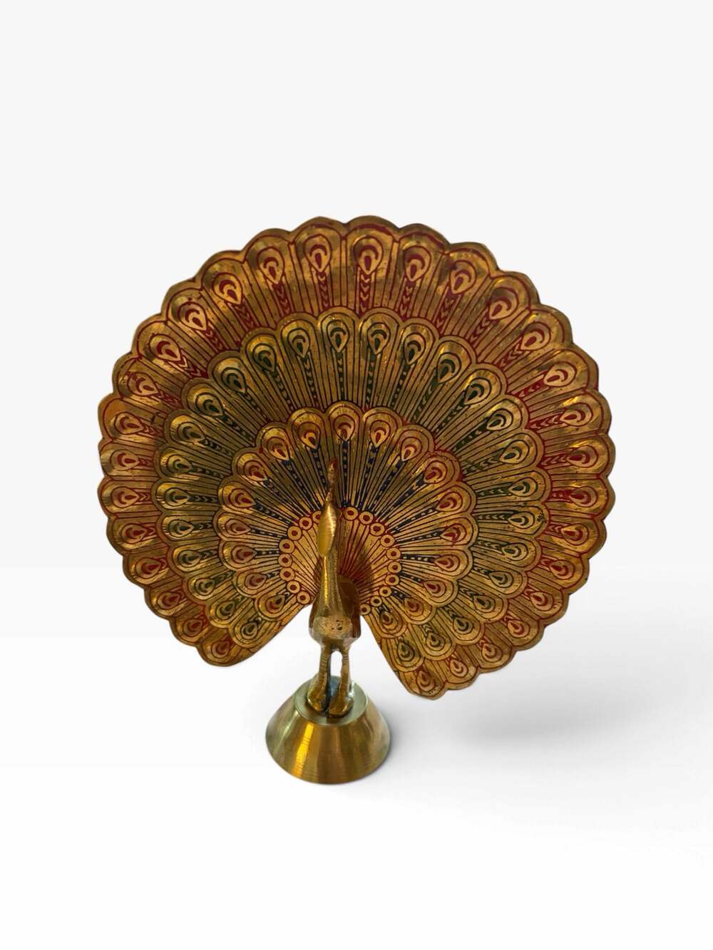 Vintage Brass Peacock Figurine 5.5” Etched Enameled Metal Bird Indian Boho Decor